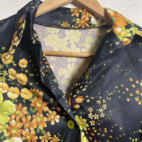 70’s Vintage Black Floral Print Long Sleeve Blouse Size L - Picture 2 of 7